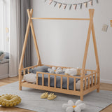 148CM Breite Kinderbett aus Kiefernholz mit Hausförmigen Rahmen und Schutzgitter